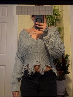 Brand new AKIRA Light Gray Distressed Off-the-Shoulder Cropped Sweater